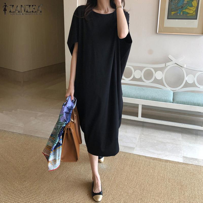 

ZANZEA Женское повседневное летнее длинное платье с коротким рукавом и круглым вырезом