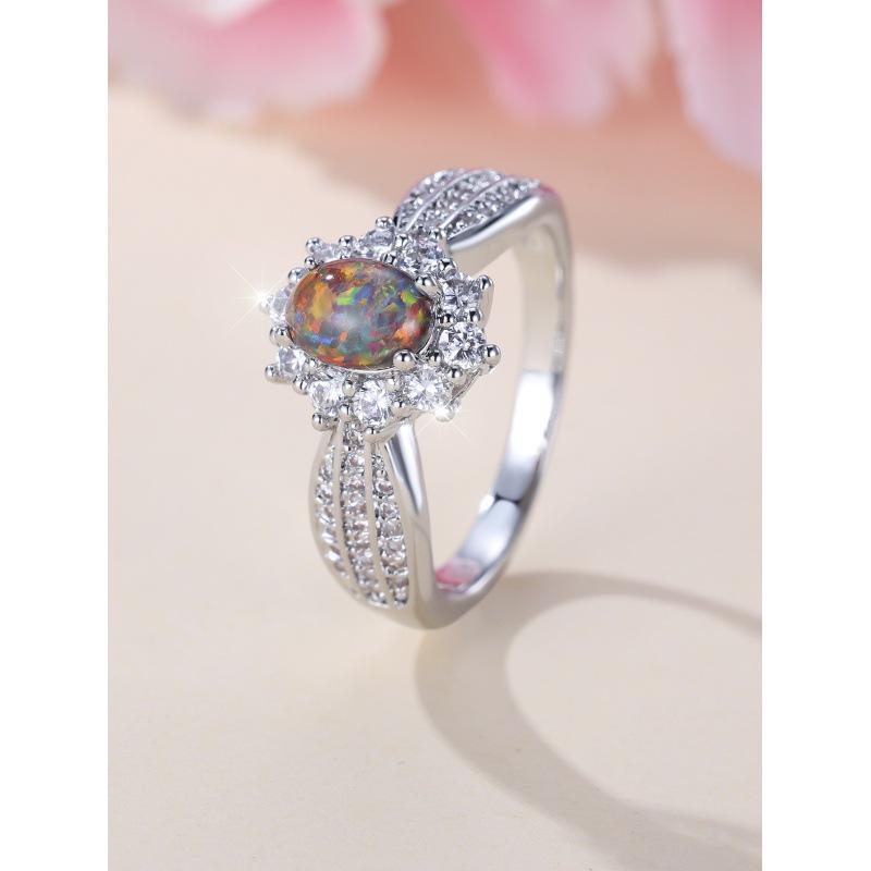 

Palladium White K Egg Shaped Red Green Opal Edge White Diamond Sun Ring Color Treasure No. 13