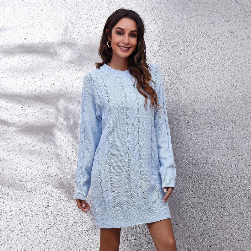 Twist Long Sleeve Sweater Dress Women's Loose Knit Dresses Autumn and Winter Casual Sweater