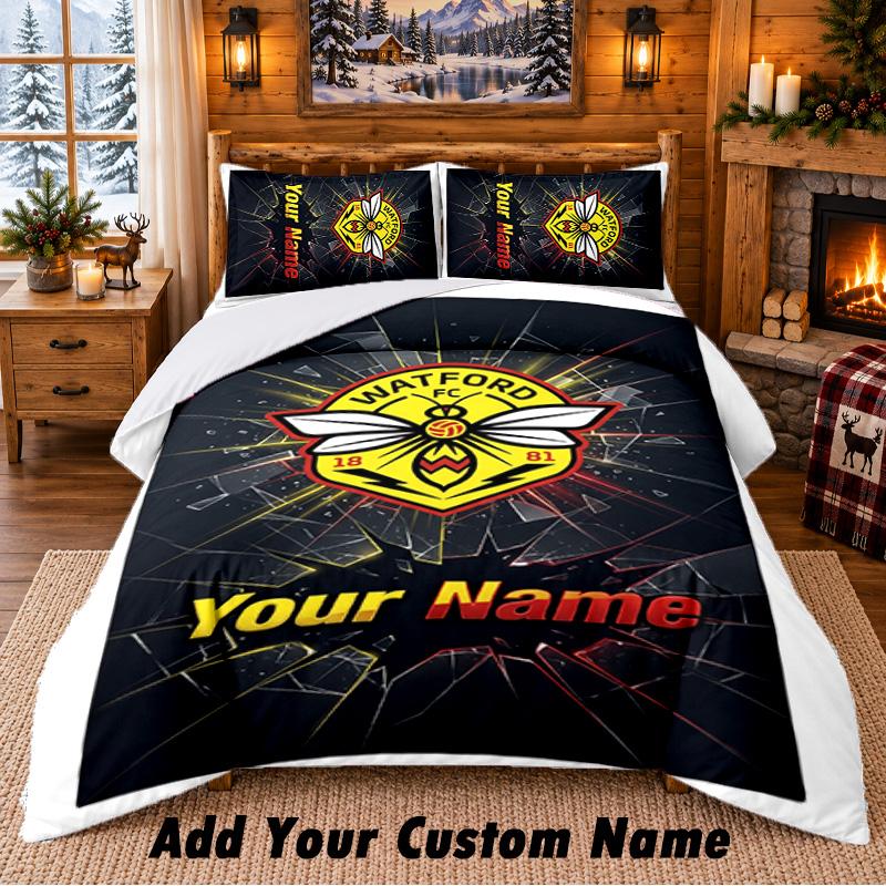 Watford FC Pattern Bedding 3Pcs Set Custom Name, Bed Sheet And Pillowcases For Home Bedroom