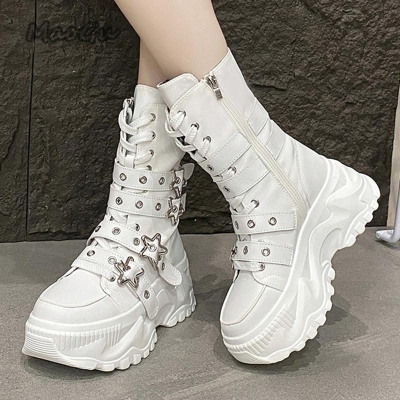 Thick Bottom Women's Platform Shoes Side Zip Star Buckle Straps Chunky Sole Motorcycle Boots for Women Fashion  De Mujer
