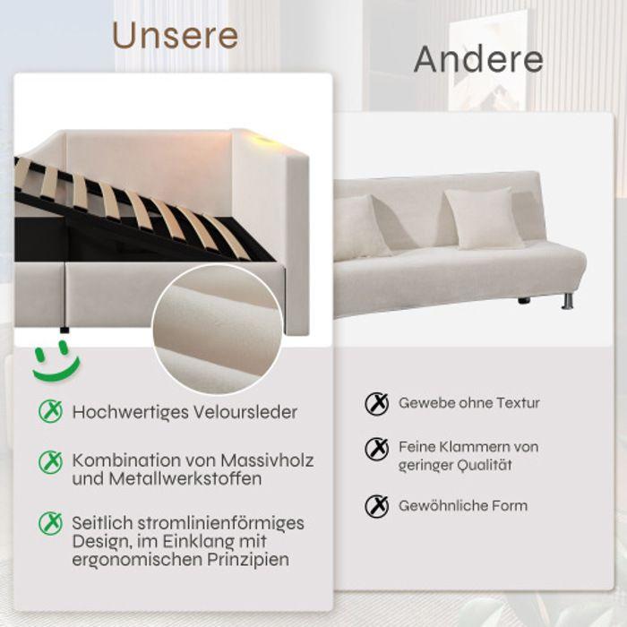 Lit De Jour - MUVOE - 90x200cm - Rangement Hydraulique - Liseuse - USB-C - Velours Beige