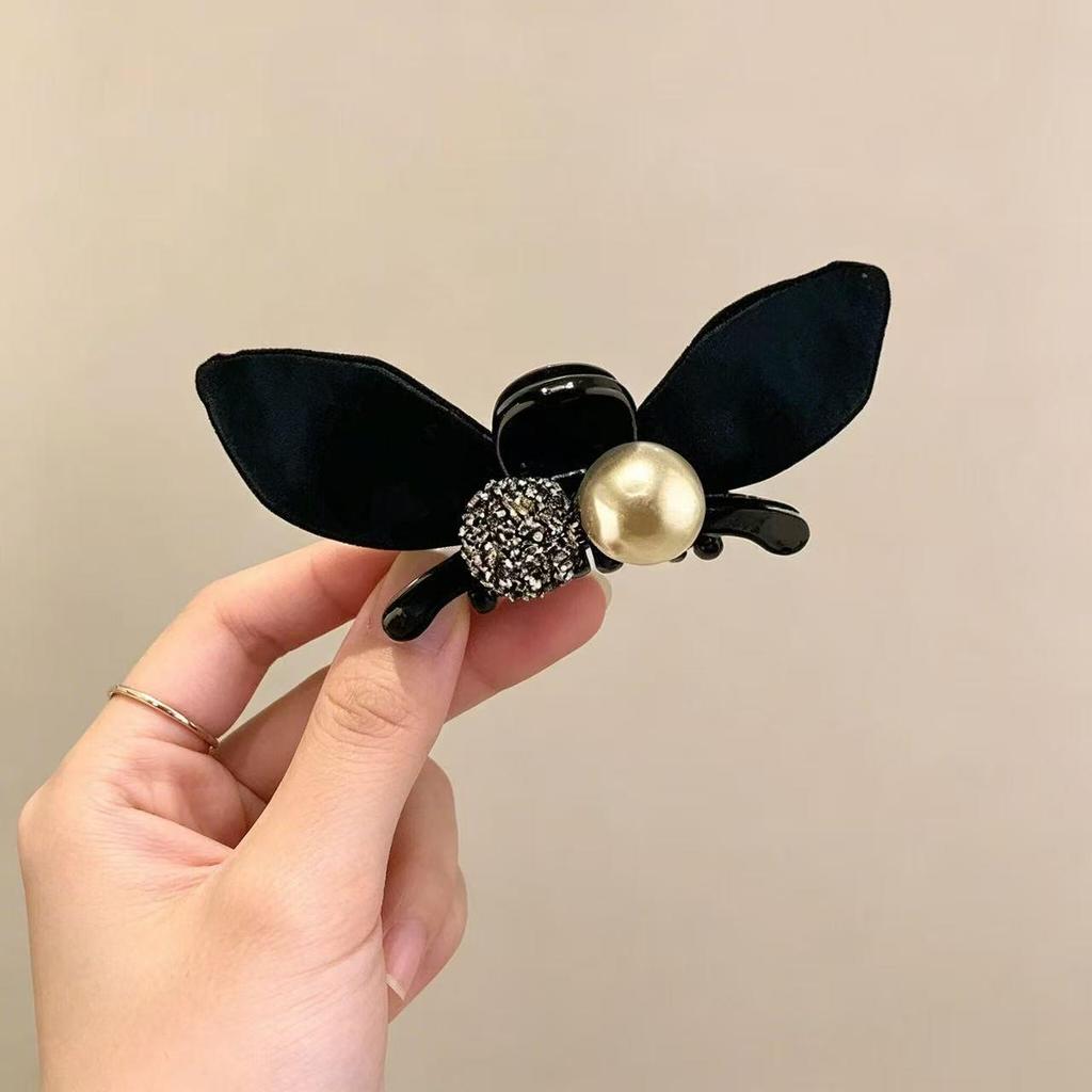 Elegant Black Lace Rhinestone Bunny Ear Bow Hair Clip - Small, Versatile, Korean Style