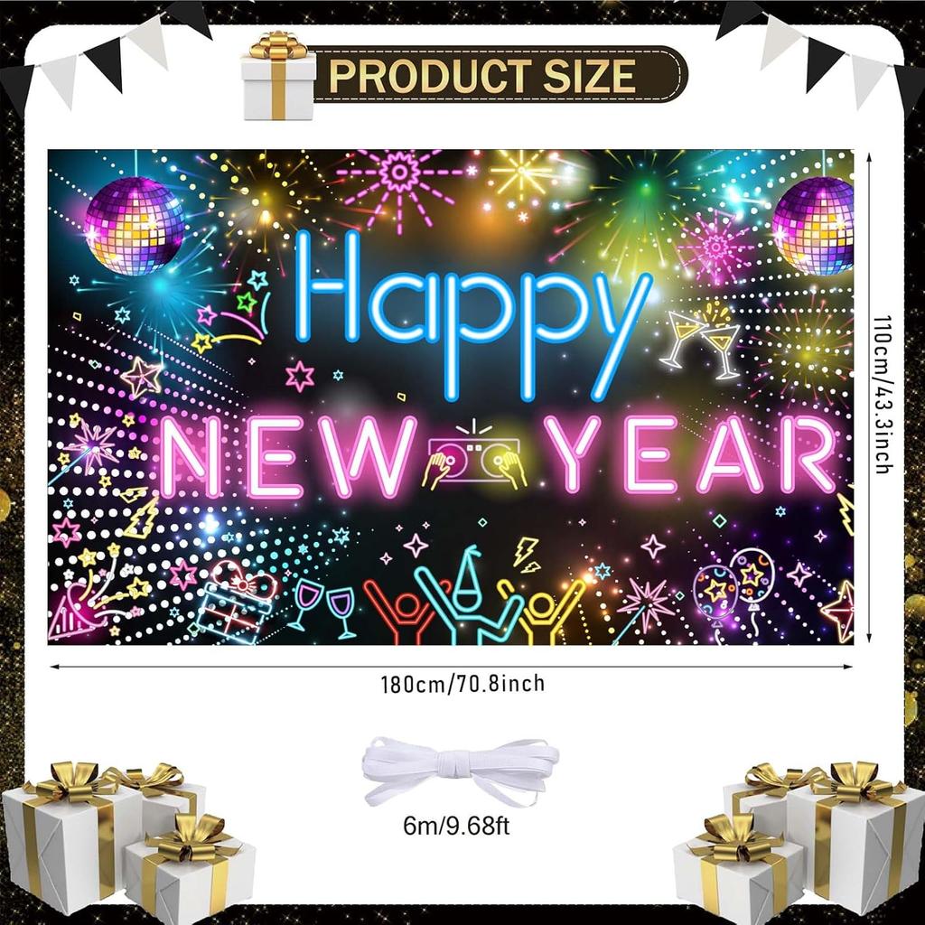 Neon Happy New Year 2026 Banner - Large Colorful Disco Theme Party Backdrop with Hanging Rope - New Years Eve Party Supplies 2026 - Holiday Photo