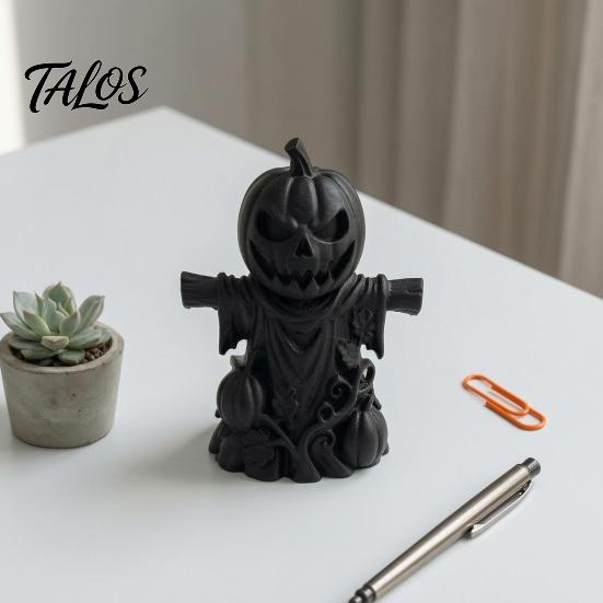 Handcrafted Carved Pumpkin 3D Printed Scarecrow Figurine, Matte Black Halloween Tabletop Atmospheric Party Ornament Decor for Shelf Window Office,