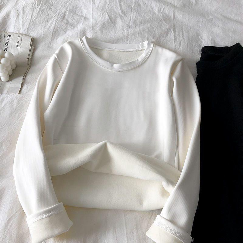

Women s Fleece-Lined Round Neck Base Layer - Thick, Warm, Loose Fit, Long Sleeve T-Shirt for Autumn/Winter. Plus Size Available. Medium белый