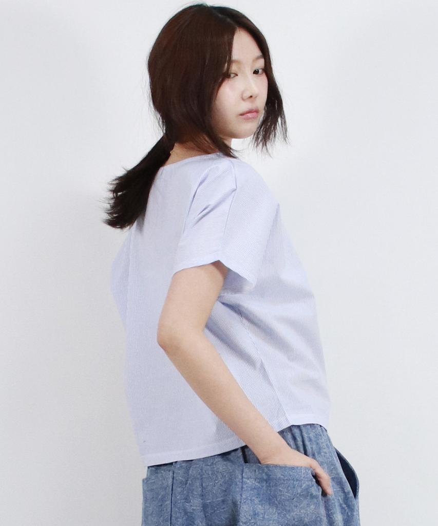 Deumakeu Stripe Mini French Short Sleeve Shirt Blue