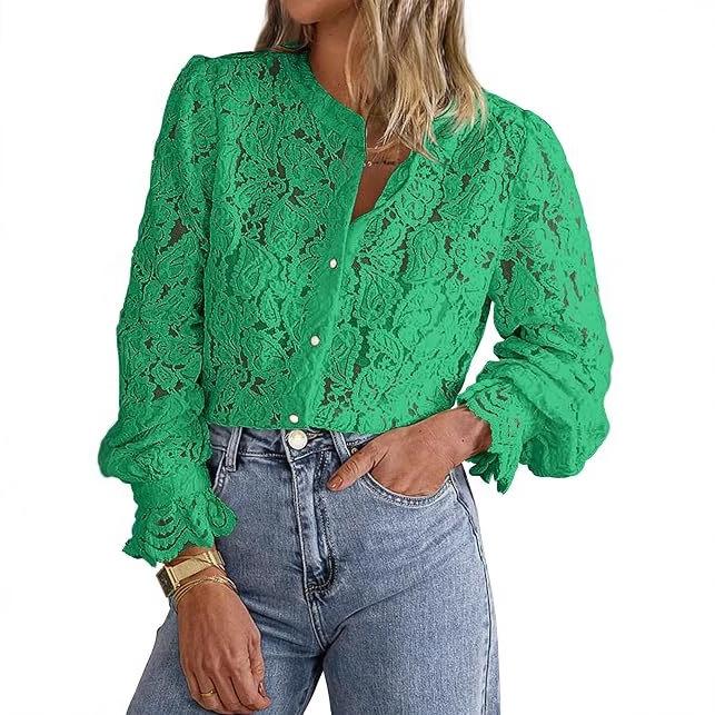 Ladies Spring Summer Hollow Lantern Sleeve All Match Blouse Lace Shirt Top