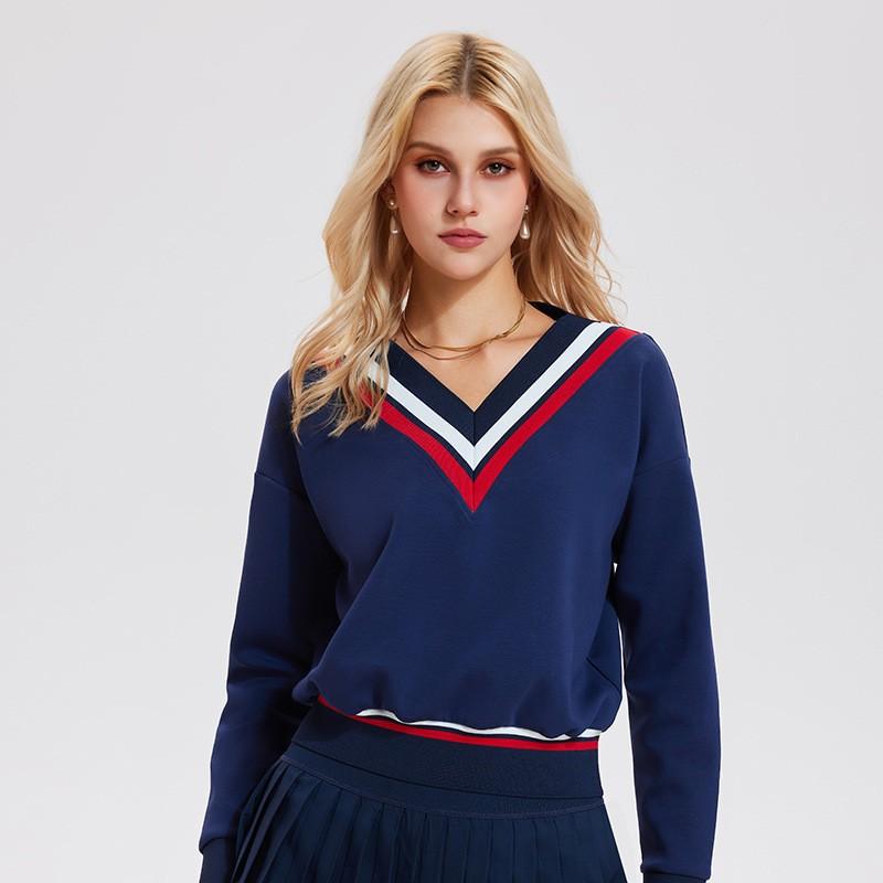 

Autumn Winter Sports Long-sleeved Shirt Women s Tennis Suit Large V-neck Sweater Fashionable Loose Casual Contrasting Coat XL темно-синього кольору