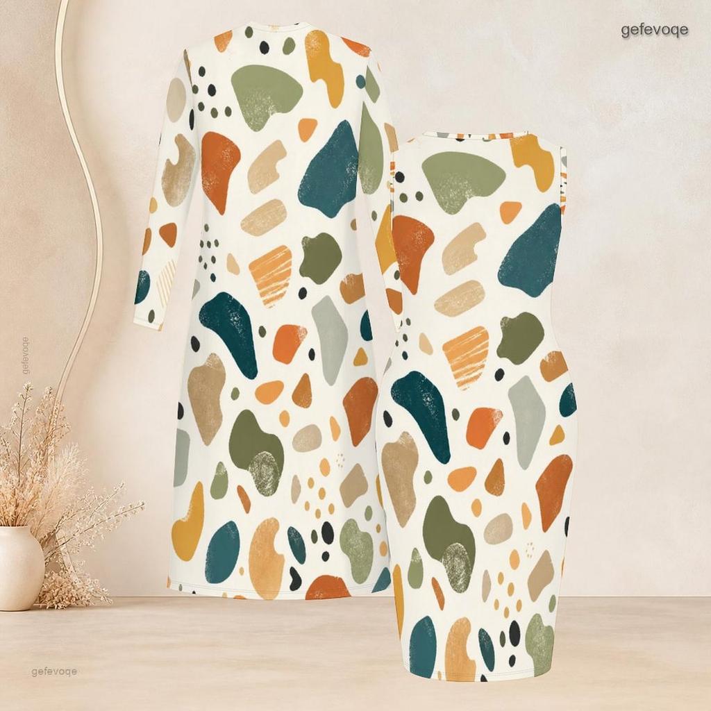 Women Plus Size Geometric Printed Two Piece Set Long Sleeve Open Front Cardigan Sleeveless Bodycon Dress
