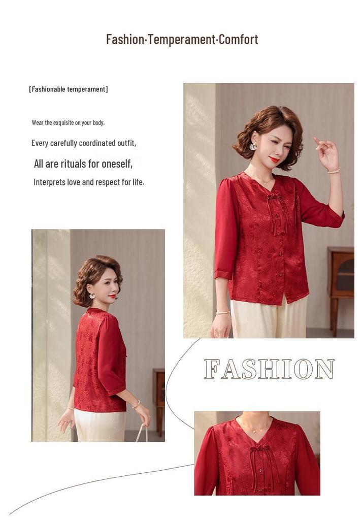 Fashionable 2026 Chinese Style Seven-Sleeve Chiffon Blouse for Middle-Aged & Elderly Women