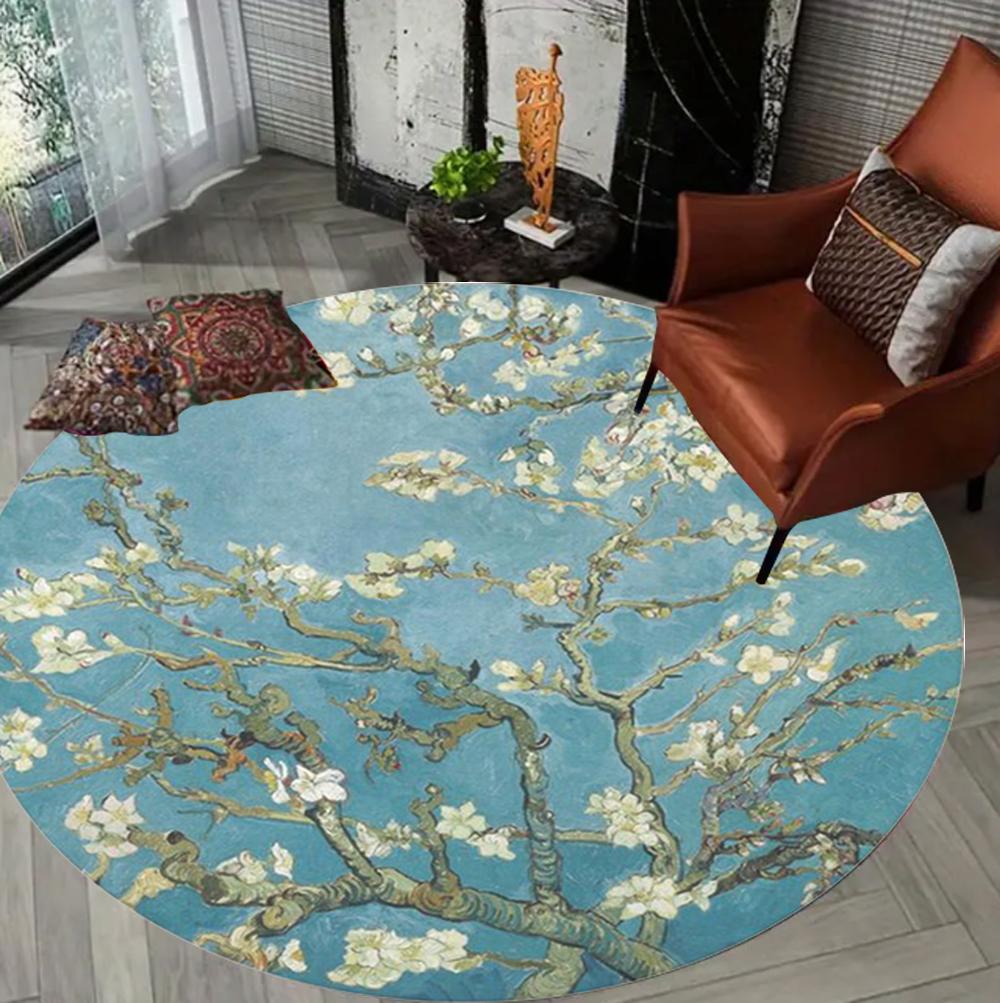 Vintage Floral Print Round Rug Classic Art Print Soft & Non-slip Home Art Decoration Light Luxury for Living Room Bedroom Boho