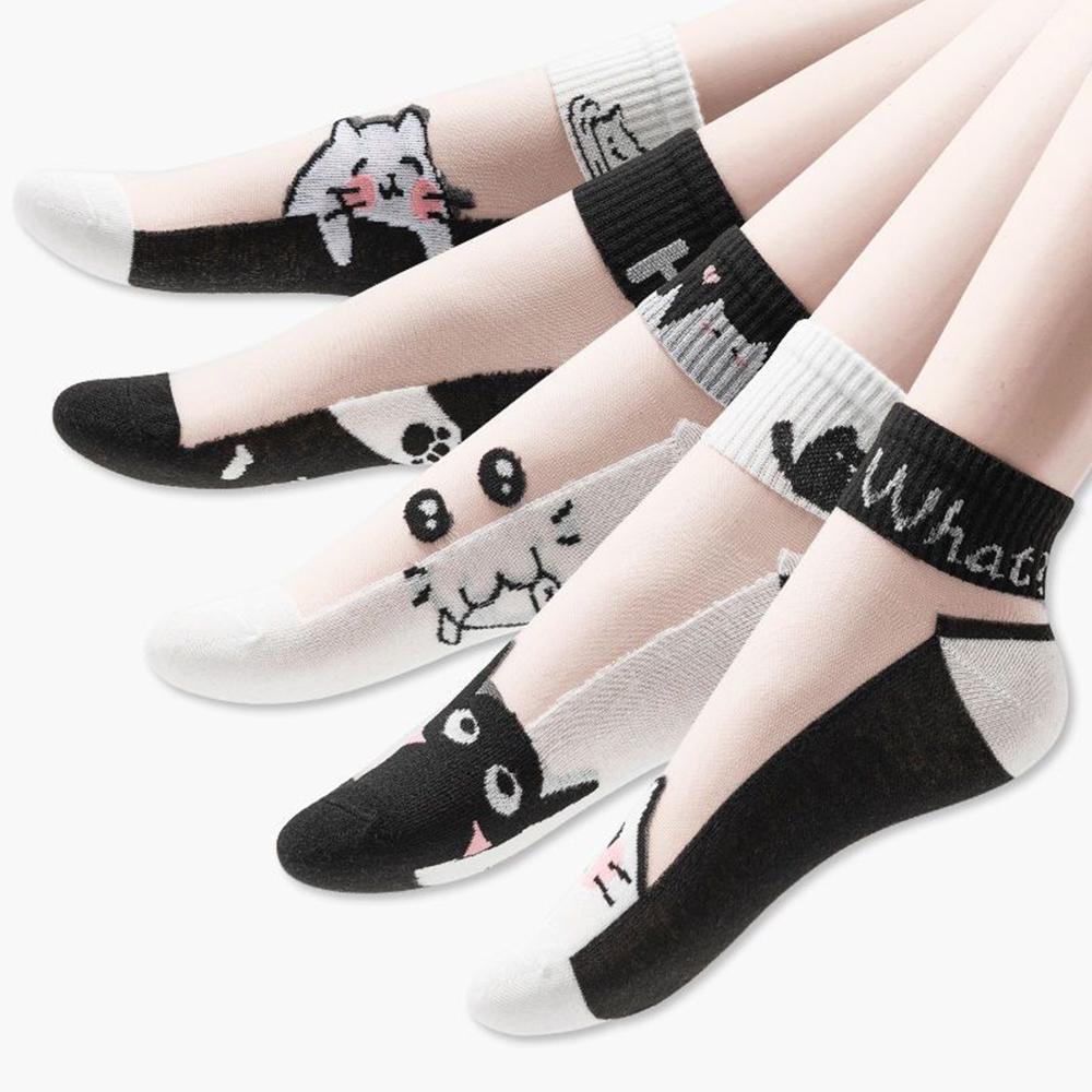 5 Pairs of Summer Women's Short Socks with Glass Fiber Black and White Cat Ultra-thin Breathable Mesh Outdoor Sports and Leisure