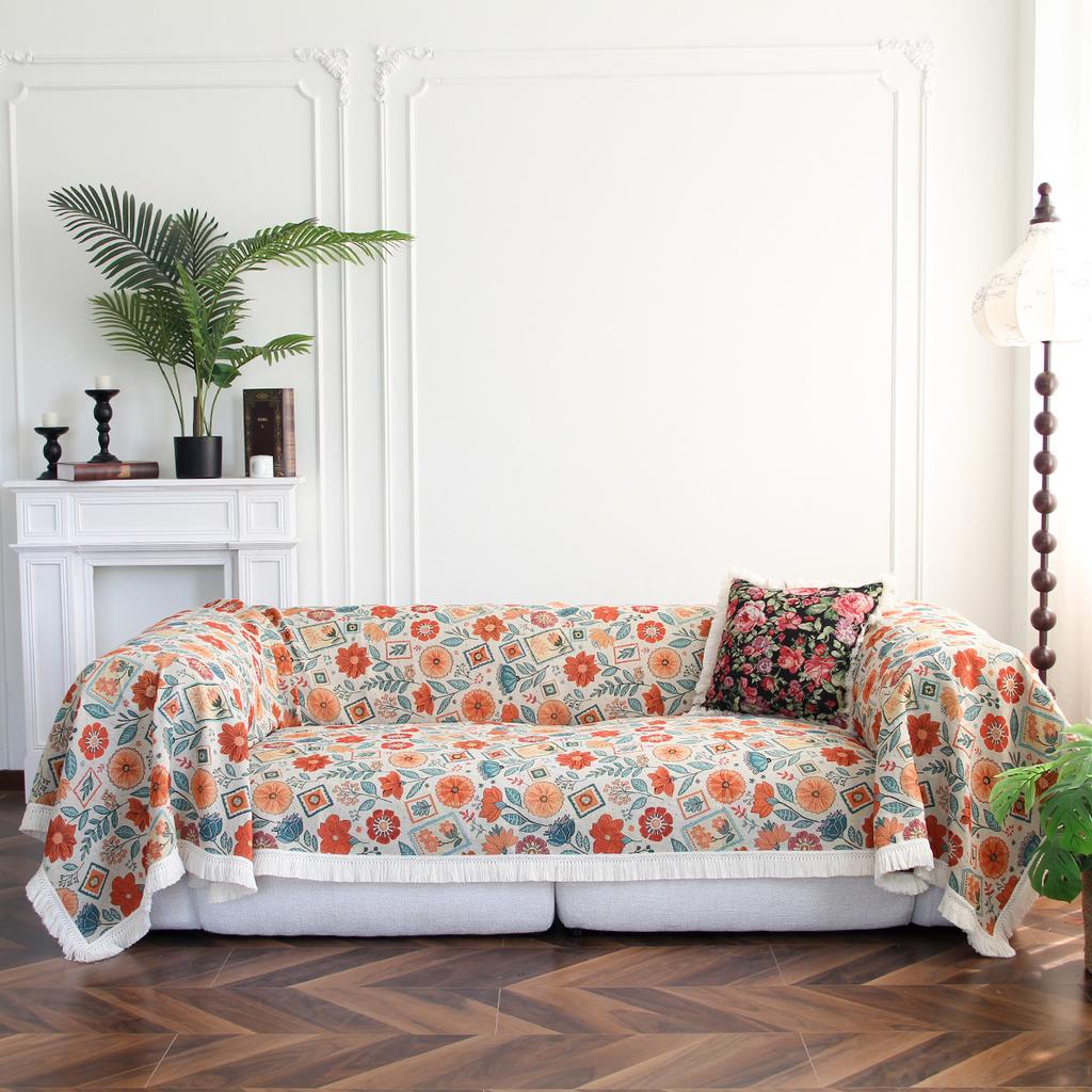 Lake Blue Jacquard Floral Sofa Cover Towel Anti-Cat Scratch Retro Festival Multifunctional Sofa Blankets Universal Sofa Cover