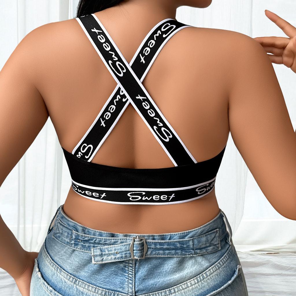 Plus Size Letter Print Ribbed Wireless Sports Bralette