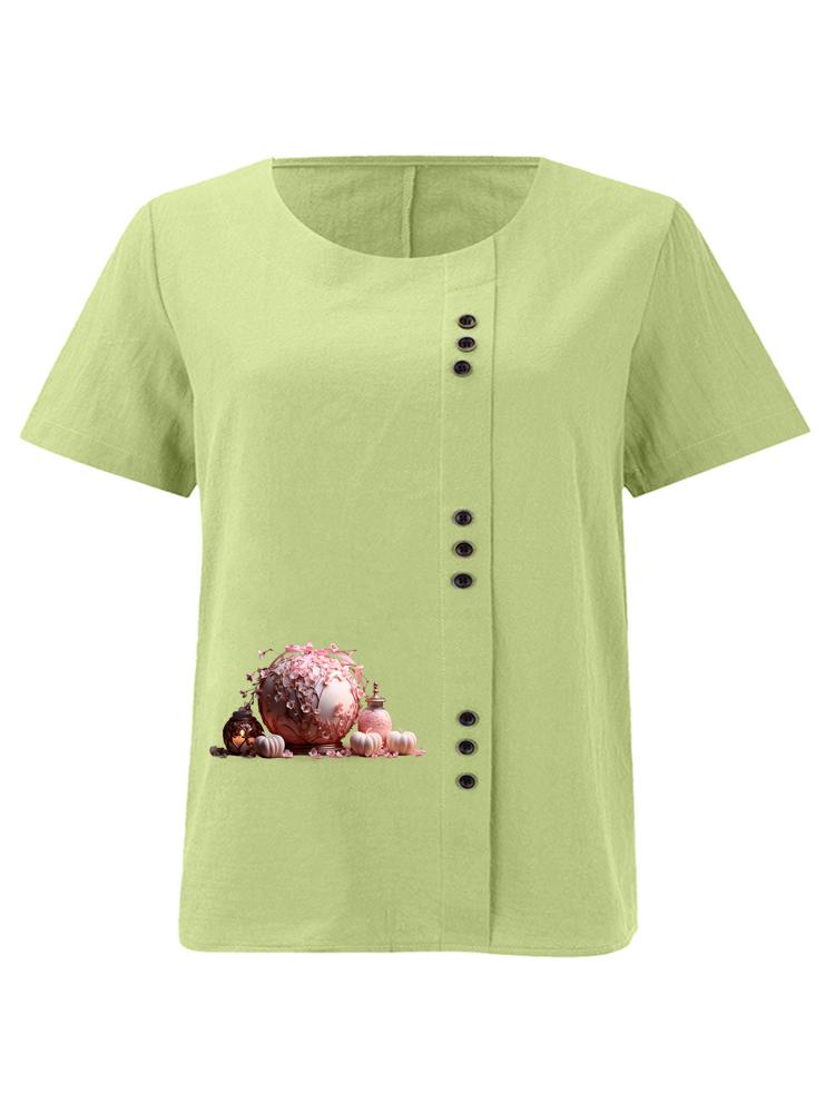 

Women s Fashion Pink Vase Print Casual Cotton Linen Short Sleeve Round Neck T-shirt Shirt Leisure Loose Summer Blouse Tops 5XL зелений