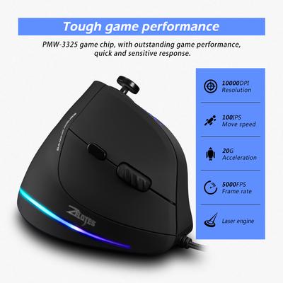 Zelotes C-18 souris de jeu filaire verticale 11 boutons programmables moteur laser réglable 10 000 DPI ceinture lumineuse RVB 128 Ko de mémoire intégrée
