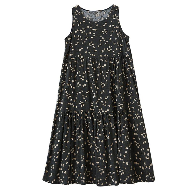 Dimanaf Plus Size Dress Summer Women Vintage Linen Elegant Style Sleeveless Floral Loose New Long Dress 8031