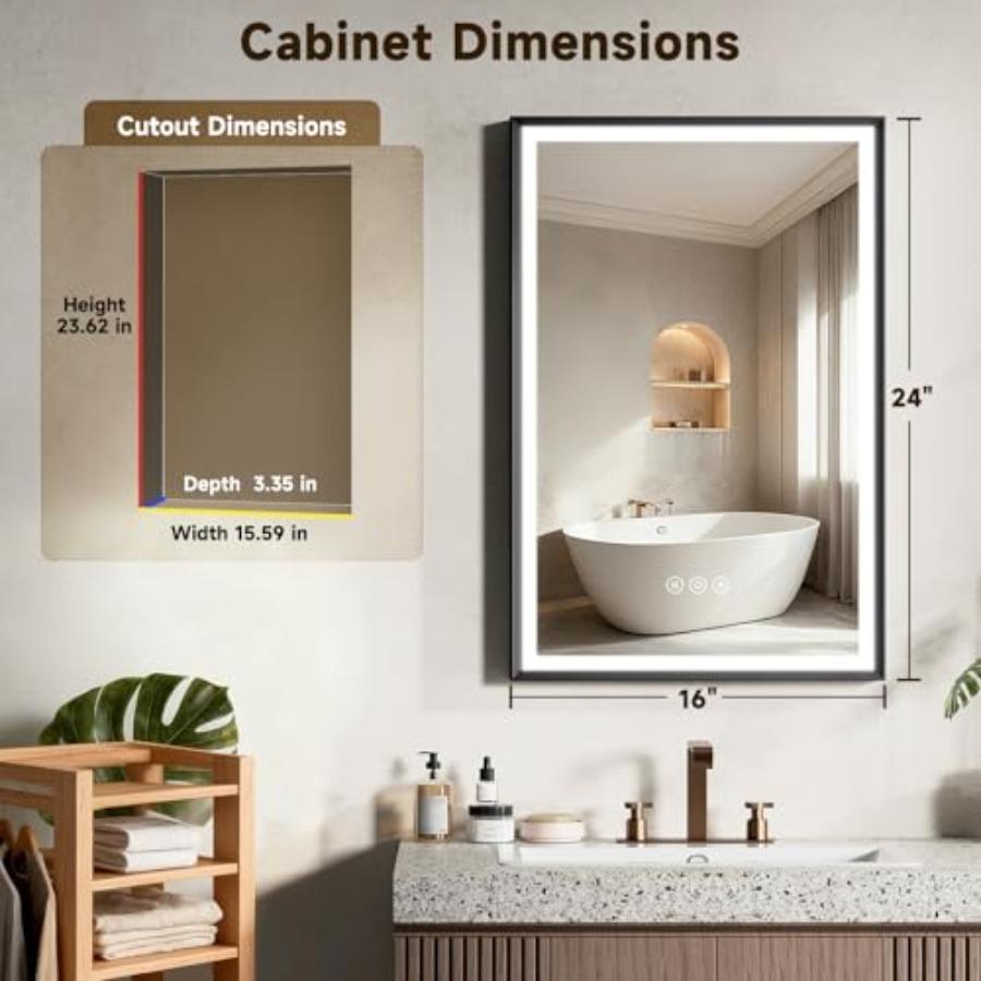 16X24 Inches Framed Medicine Cabinet with Lights, Bathroom Medicine Cabinet with 3-Color/Dimmable, Anti-Fog, Plug-in and Hardwi
