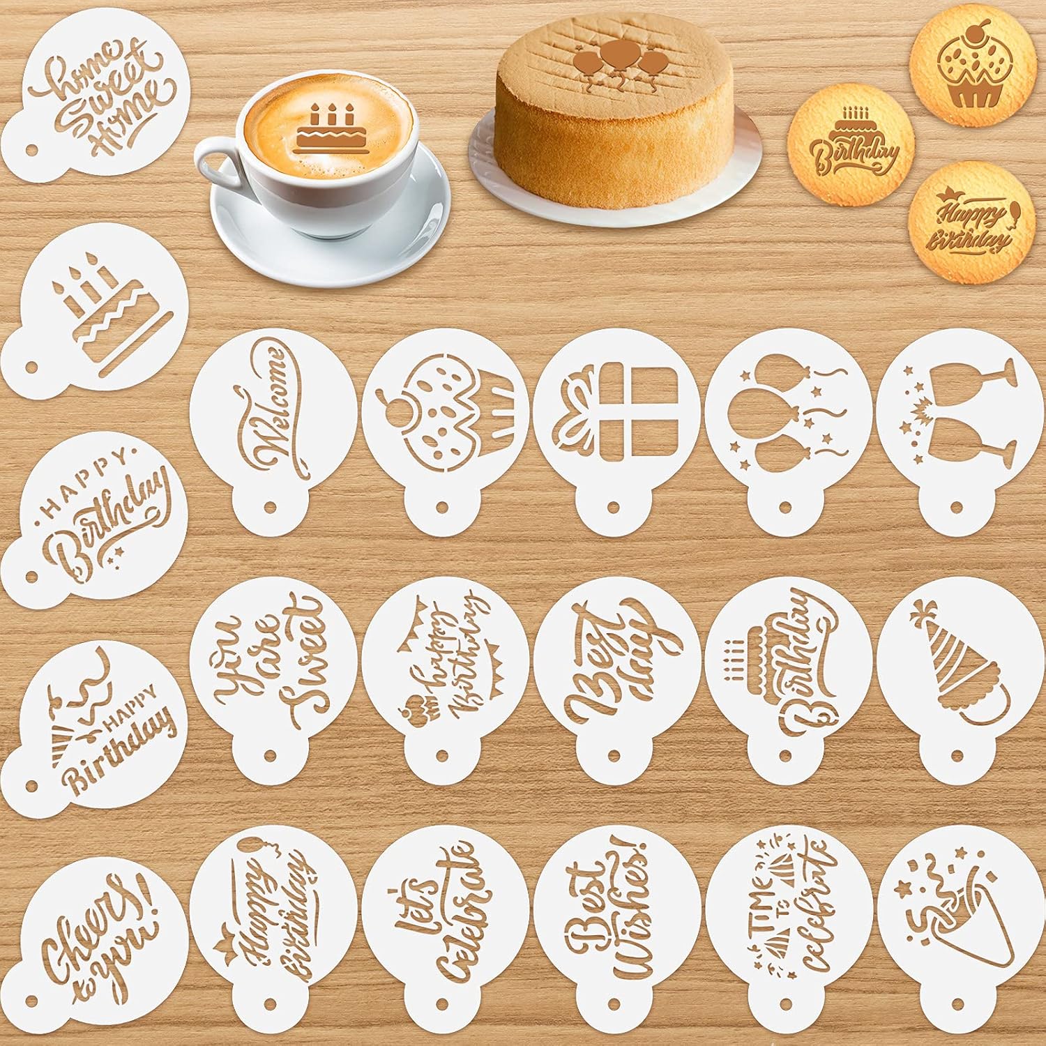 20 Pieces Birthday Cookie Stencil Templates Decoration Cookie Stencil for Birthday Coffee Cake Templates Reble Painting Mold Tools, Dessert, Coffee