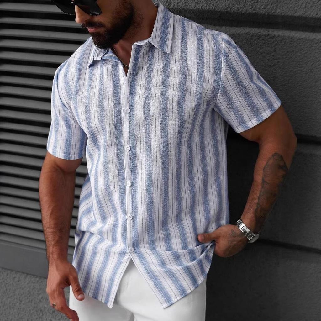 Fashion New Men Clothes Summer Short Sleeve Stripe Shirt 100% Polyester 3D Digital Print Cool Shirt Tops