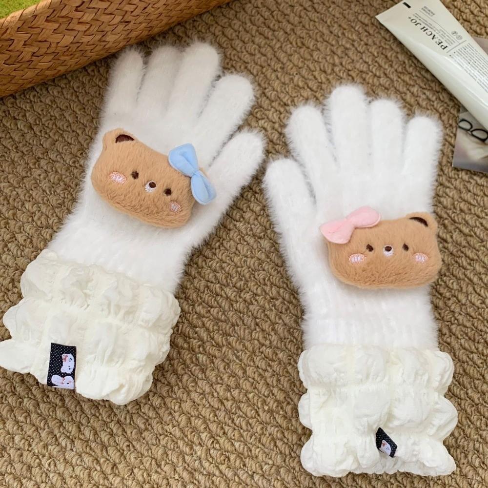 Star Bear Patch Design Full Finger Gloves Thick Plush Winter Gloves  Cold Weather