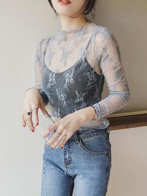 Summer Women Lace Floral Embroidery Blouses Shirt Ladies Tops Sexy Mesh Blouses Transparent Elegant See-through Black Shirt