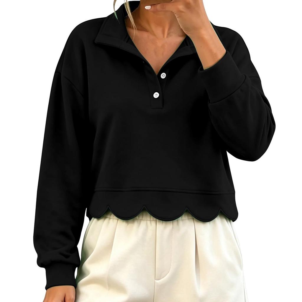 Women's Fashion Color Long Sleeve Collared Pullover Sweatshirt Casual Loose Fit Top
