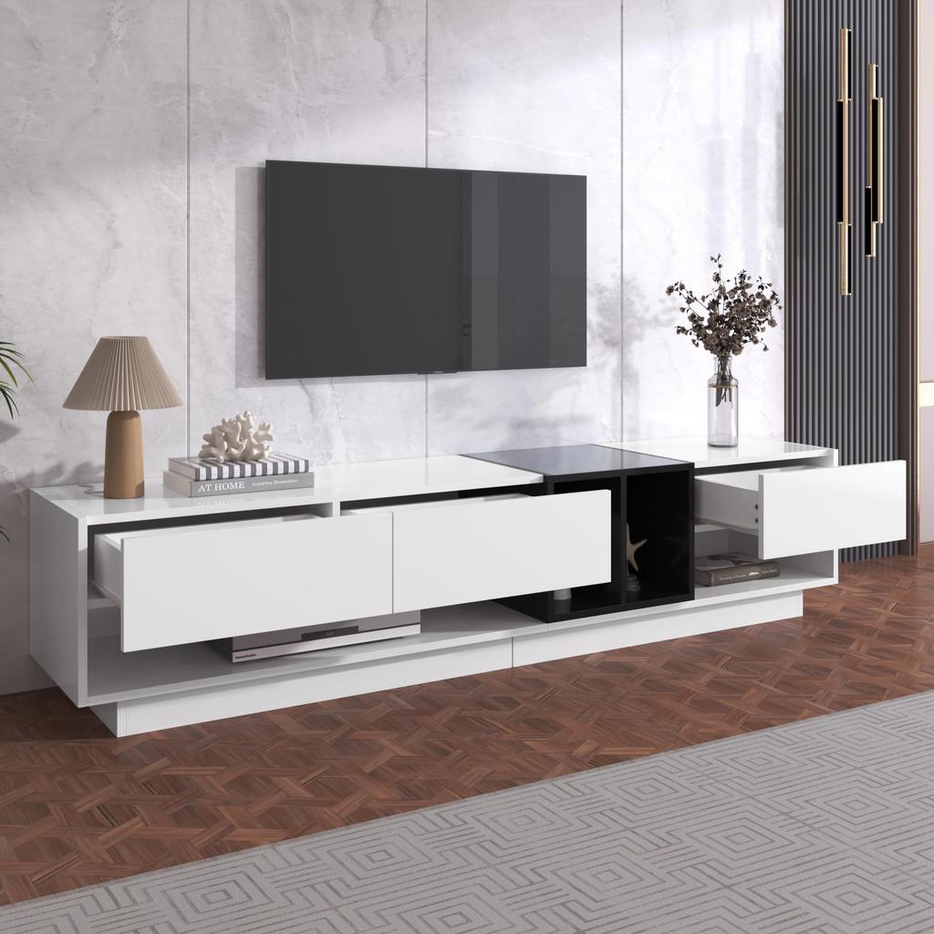 Lowboard TV Cabinet, Modern TV Stand with 3 Drawers and Open Storage Compartment, TV Board with Ample Storage Space, Color Block Design