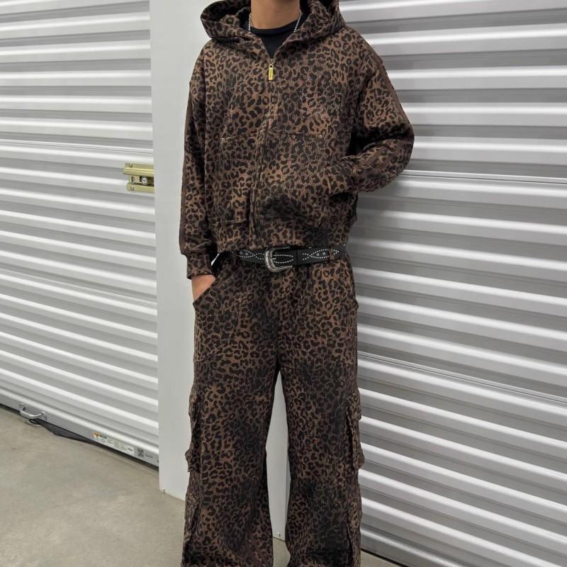 Felpa con cappuccio e zip larga vintage da uomo, stampa leopardata, streetwear casual