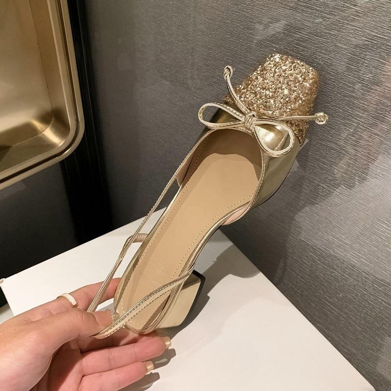 Fashion French Elegance Gold Butterfly Knot Square Head Single Shoes 2025 New Style Wrapped Head Thick Heel Sandals Women Summer Outdoor