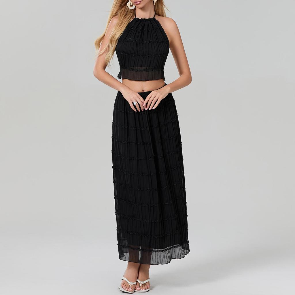 Women 's Two Piece Summer Outfits Sleeveless Ruched Halter Cami Tops and Long Skirt Set Beachwear