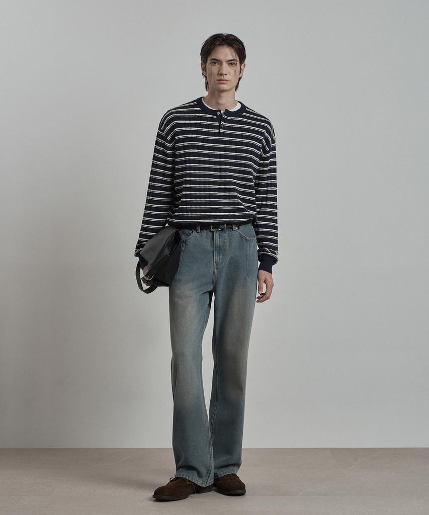 WORK ON BODY OFF Pano Semi-Overfit Striped Henley Neck Knit [Navy]