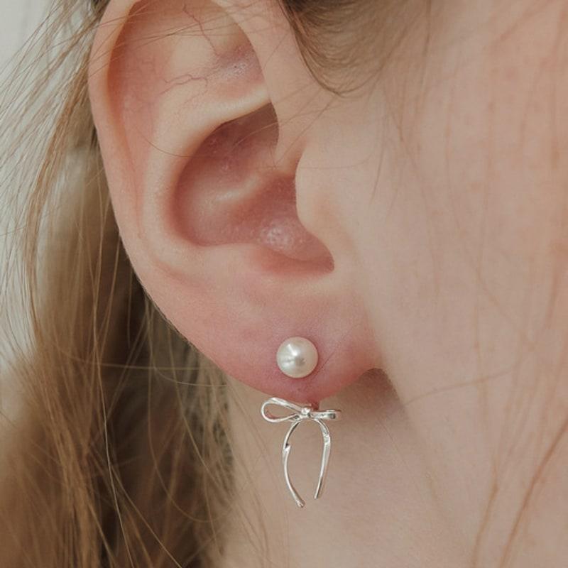 TATIANA (925 Silver) Pearl and Ribbon Tie Ear Jacket Earrings EC3077