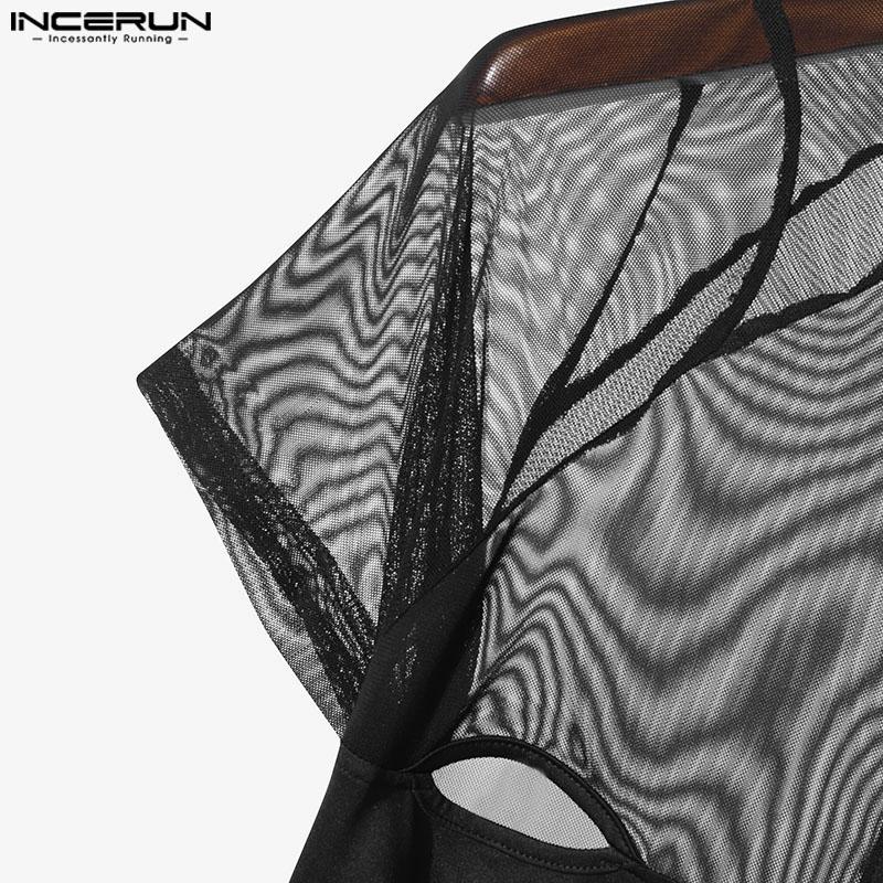 INCERUN Men Mesh Zip-up Long Sleeve Patchwork See Through Short Romper Jumpsuits  Bodysuits