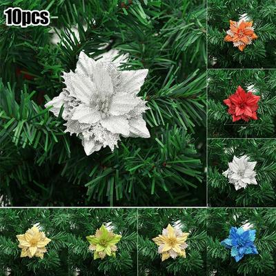 Christmas Party Poinsettia Glitter Flowers Set of 10 Color Options