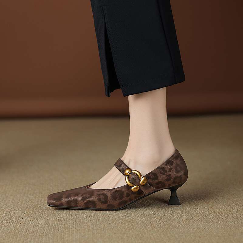 Krazing Pot Sheep Skin Summer Spring Autumn Stiletto Med Heels Leopard Women Square Toe Metal Decoration Shallow Pumps