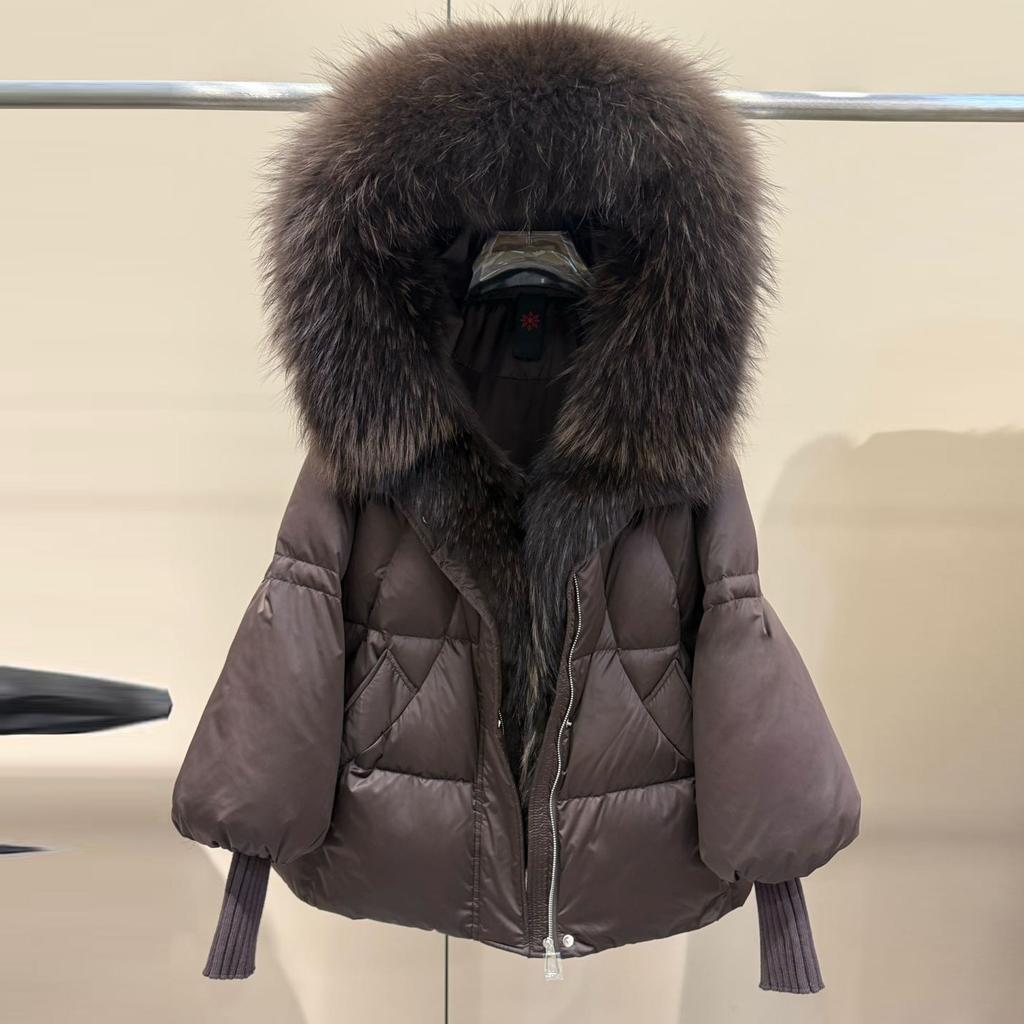 Winter new raccoon big fur collar hooded white goose down jacket women's short loose thickened warm jacket