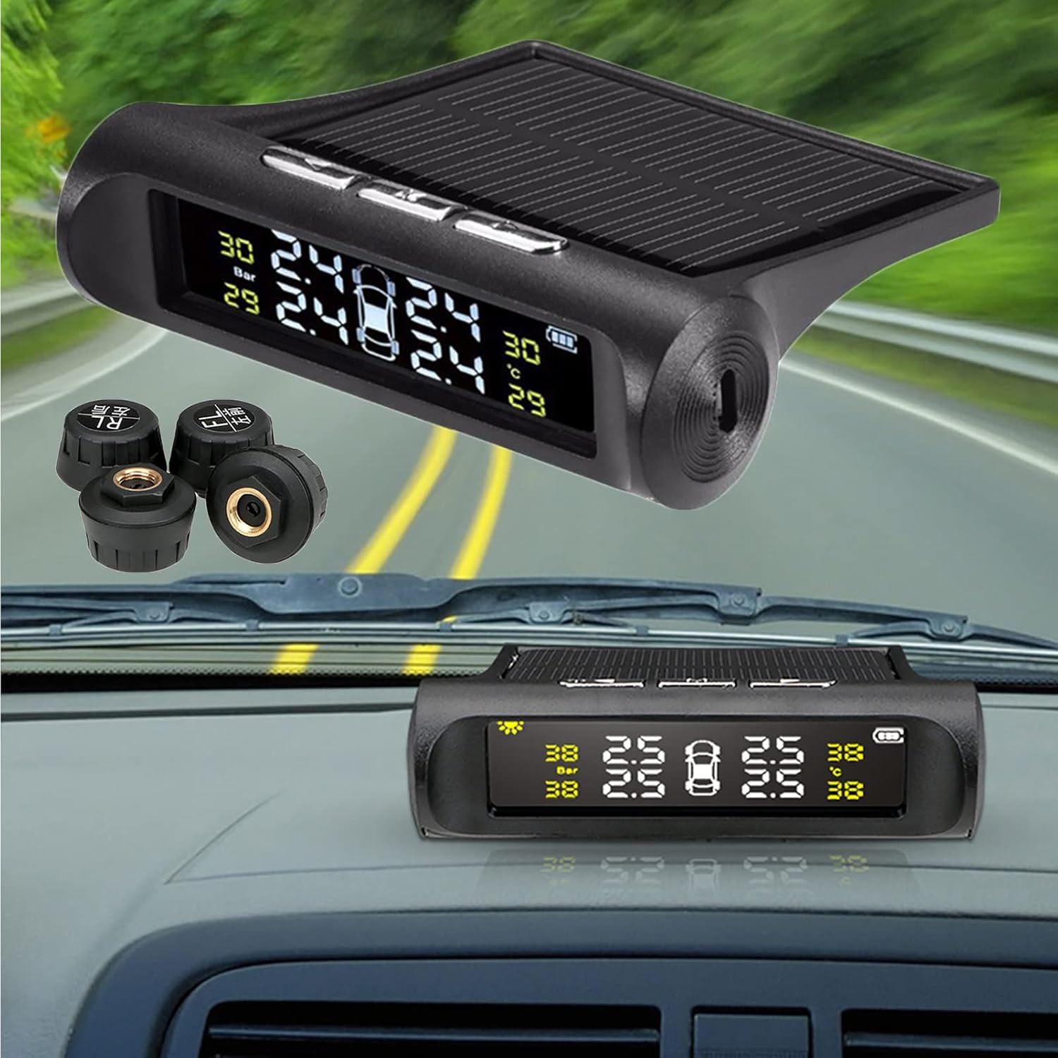 

Tire Pressure Monitoring System - Torcarvh Solar Power Wireless TPMS Monitor with 4 External or Internal Sensors LCD Display Real-time Alarm Pressure external