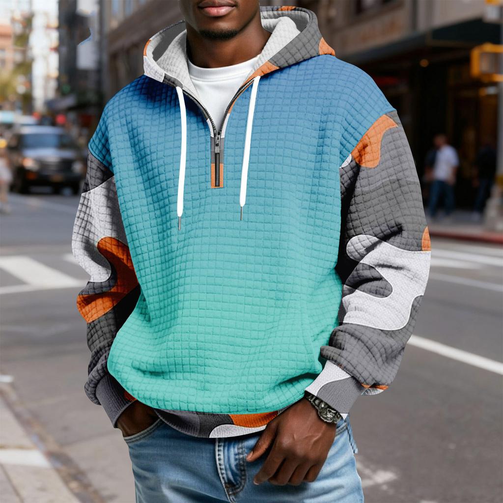 Sudadera Deportiva Casual para Hombre con Capucha y Media Cremallera a Cuadros con Cordón y Estampado