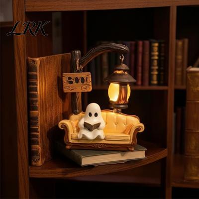 Nicht-Horror Süße Feiertagsfigur Halloween Geist liest Buch Lampe, Nachtlicht mit Buch, Skurrile Boo Motto Party Dekoration 3D Harz Tischdekoration