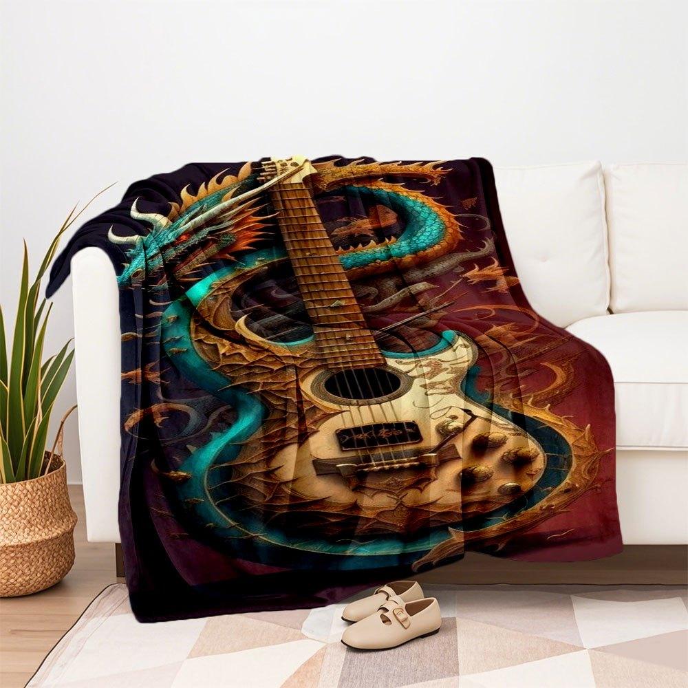 Dragon Guitar Art Print - Fantasy Music DecorBlanket Flannel Throw Blanket for Sofa, Bed, Travel, Camping, Office