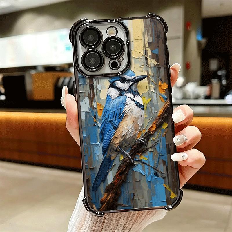 Bird Oil Painting Style Plating Phone Case For Iphone 16 17 Pro Max Air 16E 14 15 Plus 12 13 Mini Anti-Fall Airabag Cover