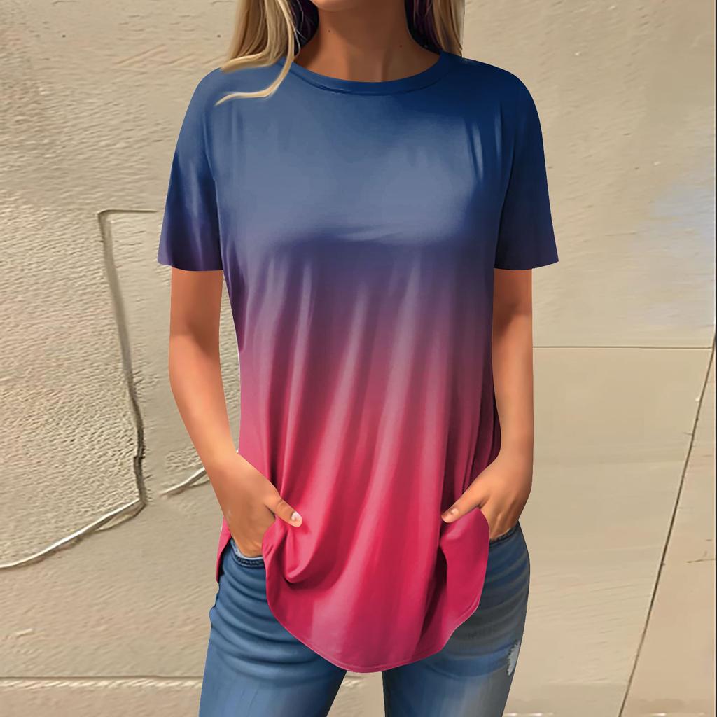 Women's Fashion Casual Round Neck Gradient Printed Short Sleeve Pullover T-Shirt Top