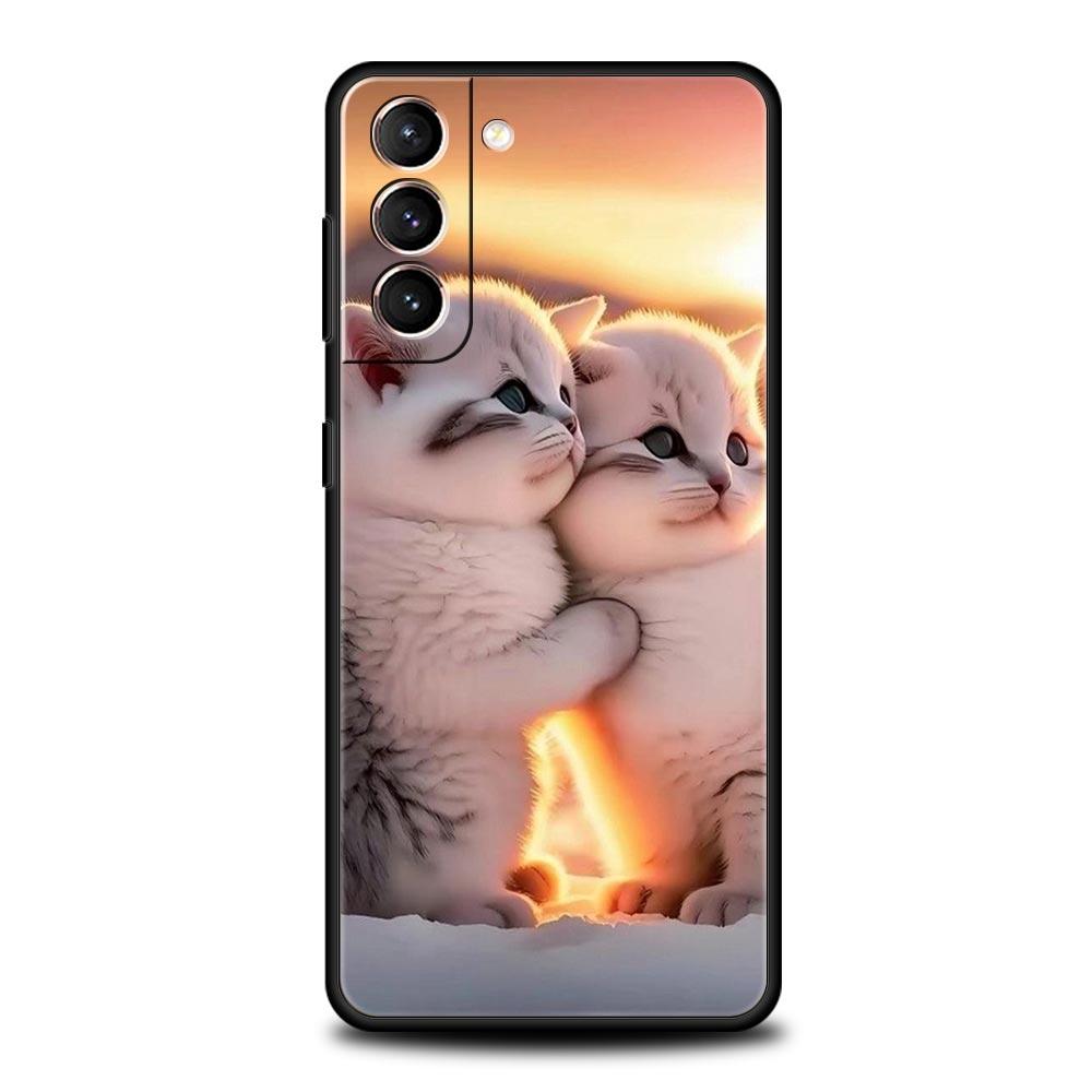 Kiss Cat Cute Kitten Phone Case For Samsung Galaxy S25 S24 S23 FE S22 Ultra S20 S21 5G S10 Plus S10E Soft Black Cover