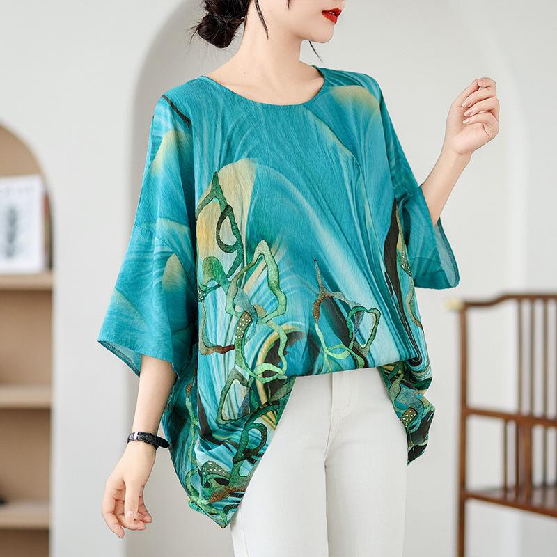 

Этнический стиль Летняя блузка Хлопковая рубашка в этническом стиле Рукав летучая мышь Свободная Большая Футболка с круглым вырезом для женщин one size зелёный