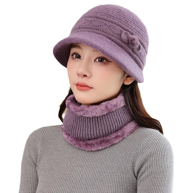 Fleece Warm Hat Ladies Mom Rabbit Plush Fashion Knitted Scarf Basin Hat Winter Grandma Windproof Hat