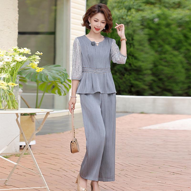 2026 Summer Fashion: Elegant Two-Piece Wide-Leg Pants Set for Middle-Aged and Elderly Women