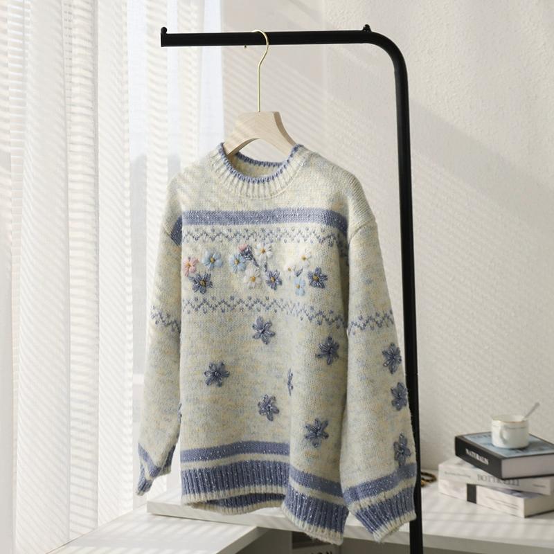 

DIMANAF 2025 Женские свитера Вязаный Базовый Вышитый Стиль с Круглым Вырезом Свободный Пуловер One Size серый