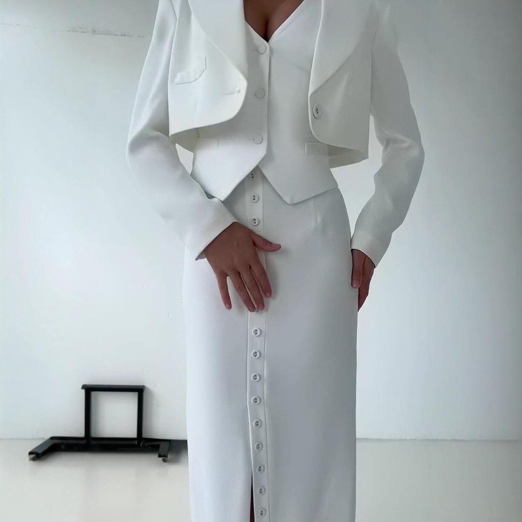 Women's Elegant Sleeveless Vest Button Jacket Dress Set - Solid Color